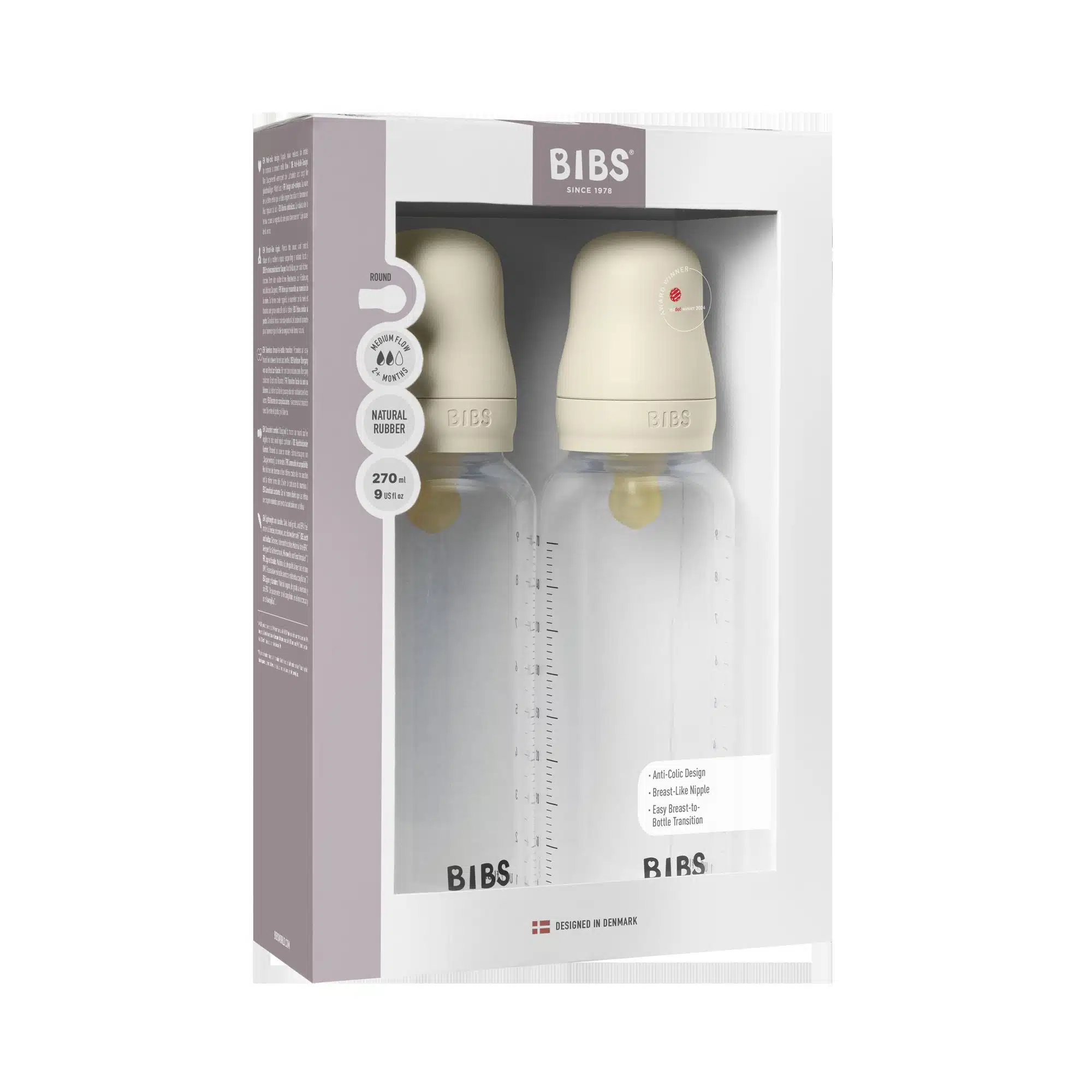BIBS Medium Flow 2 Pack 270ml Round Latex Baby Bottle Set - Ivory