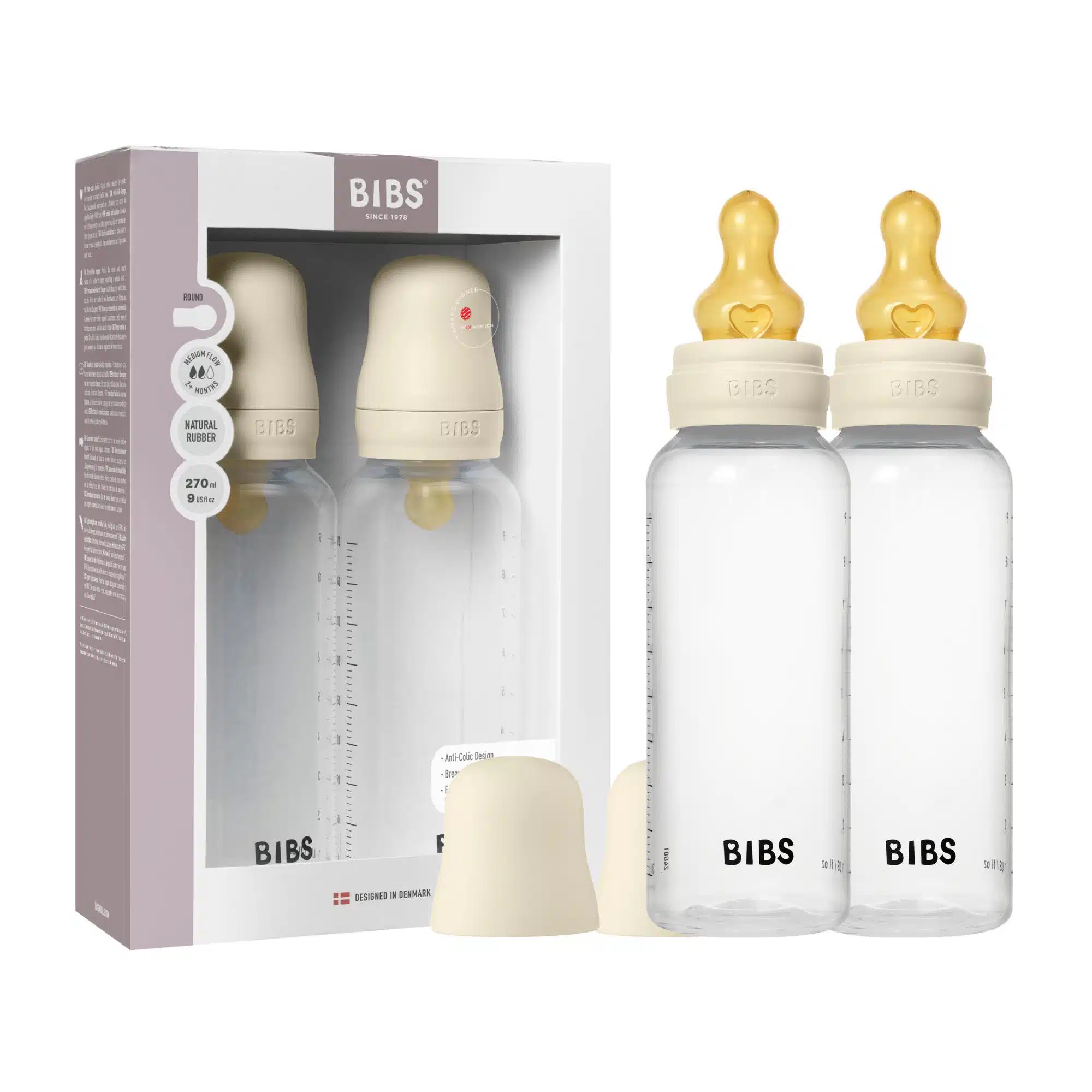 BIBS Medium Flow 2 Pack 270ml Round Latex Baby Bottle Set - Ivory 1