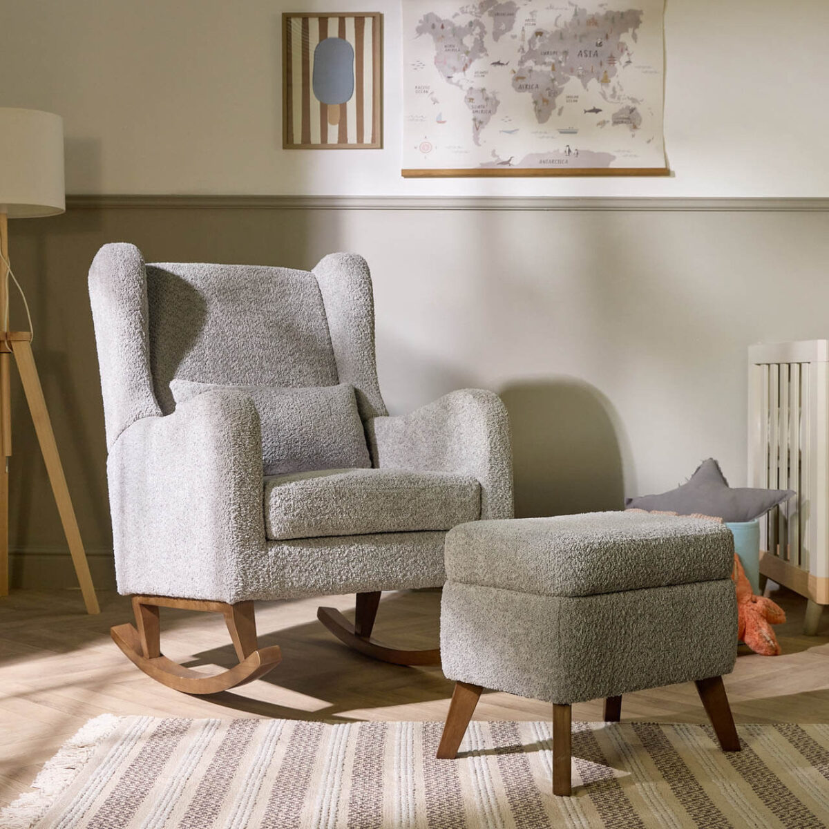Tutti Bambini Wingback Harper Rocking Chair & Footstool – Teddy Cloud Grey 2