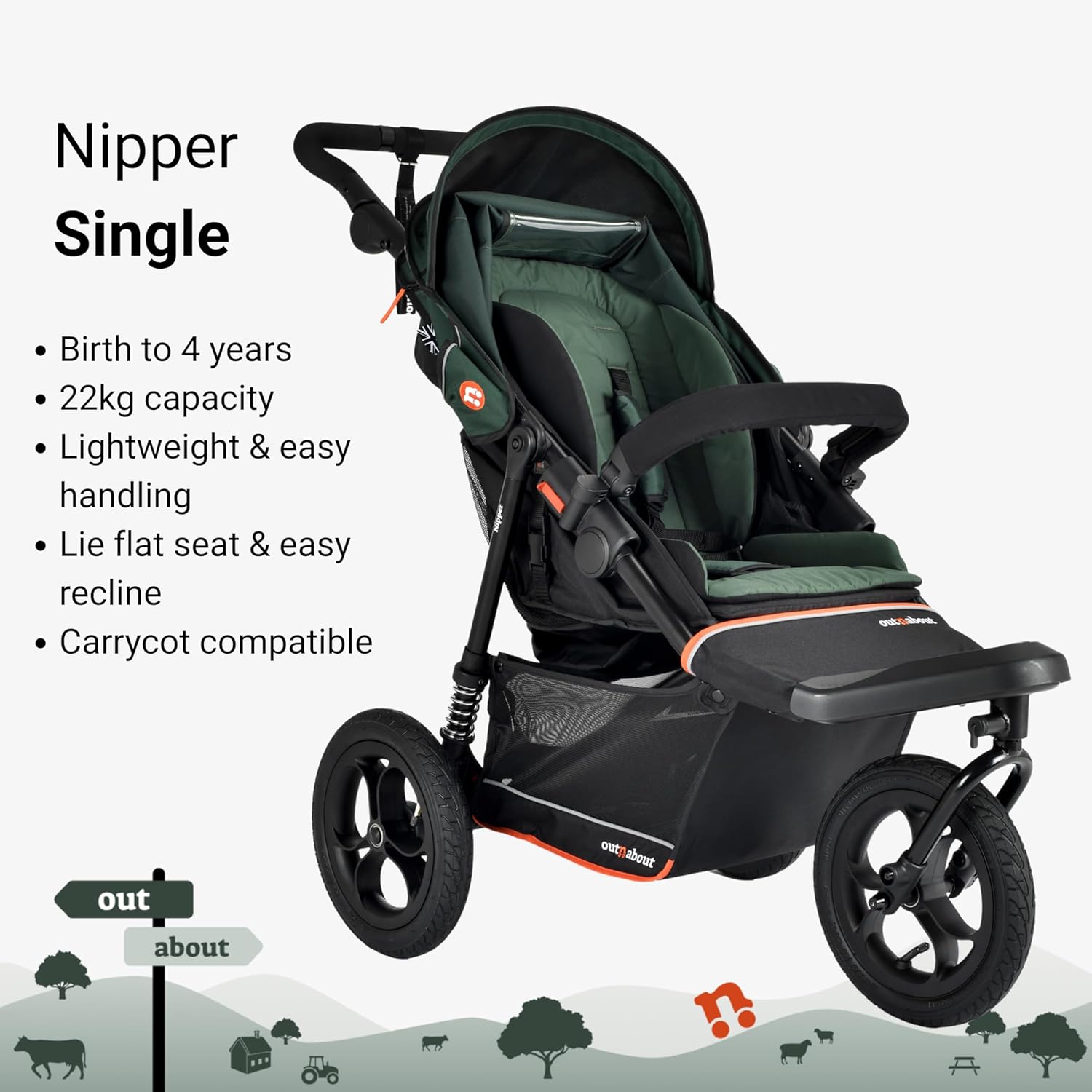 Out’n’About Single Nipper V6 Pushchair | Sycamore Green - Image 10