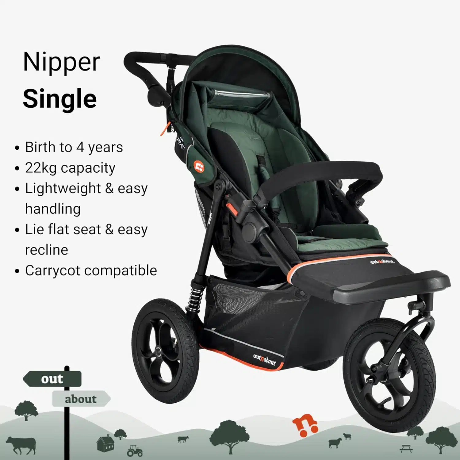 Out’n’About Single Nipper V6 Pushchair | Sycamore Green - Image 10