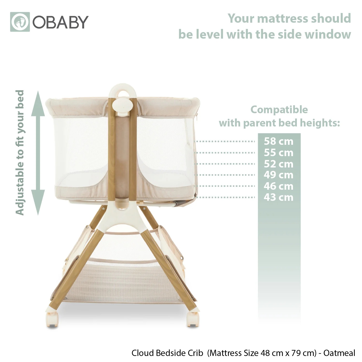 Obaby Cloud Bedside Crib - Oatmeal - Image 3