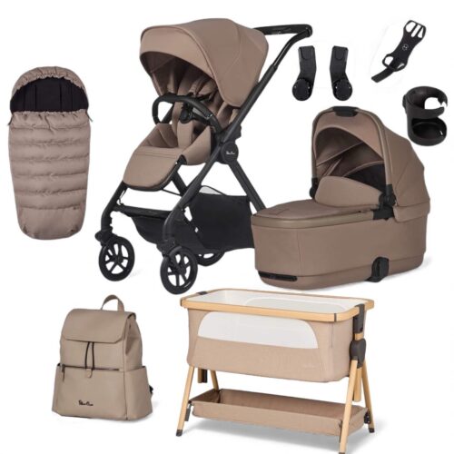 Silver Cross Reef 2 Pushchair with First Bed Folding Carrycot, Accessory Pack & Lunar Bedside Crib Bundle - Mocha