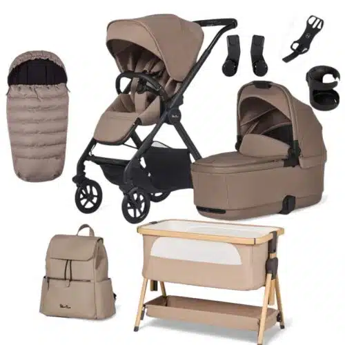 Silver Cross Reef 2 Pushchair with First Bed Folding Carrycot, Accessory Pack & Lunar Bedside Crib Bundle - Mocha