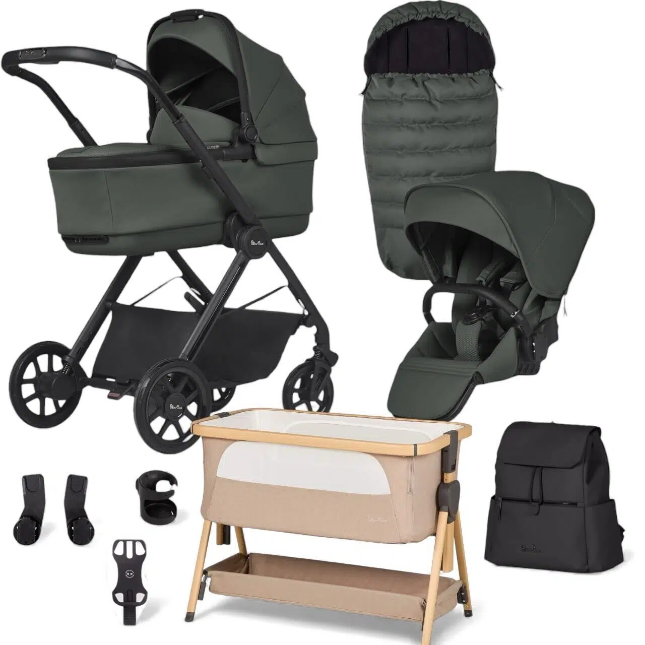 Silver Cross Reef 2 Pushchair with First Bed Folding Carrycot, Accessory Pack & Lunar Bedside Crib Bundle - Pewter