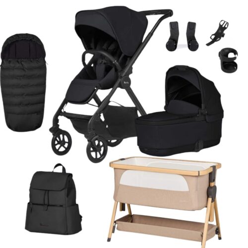 Silver Cross Reef 2 Pushchair with First Bed Folding Carrycot, Accessory Pack & Lunar Bedside Crib Bundle - Space