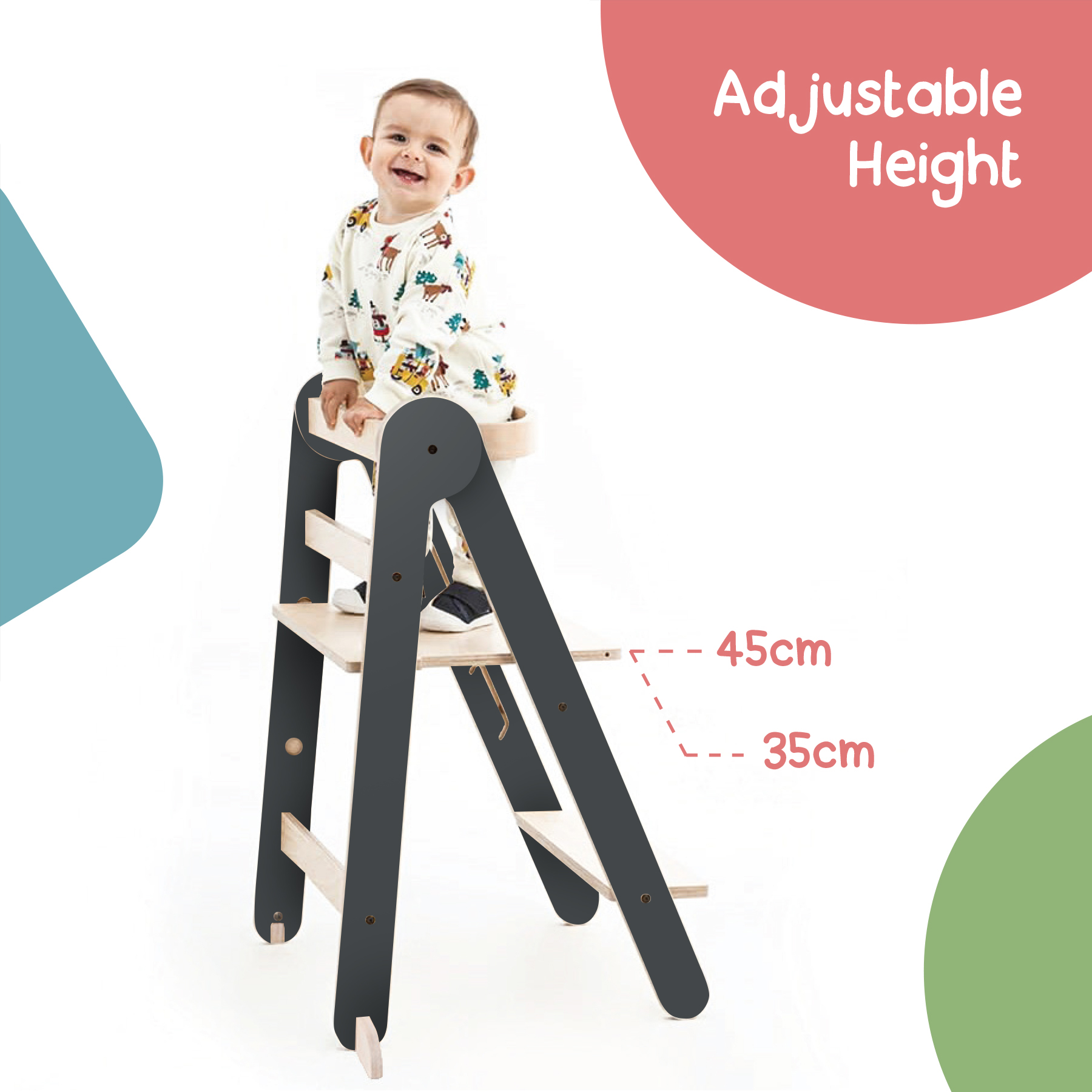 MamaToyz Folding Learning Tower Natural Beech Wood Montessori Step Stool - Dark Grey / Natural - Image 5