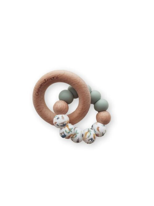 Chewies Wooden/Silicone Teething Rings Zoo - Sage/Cream