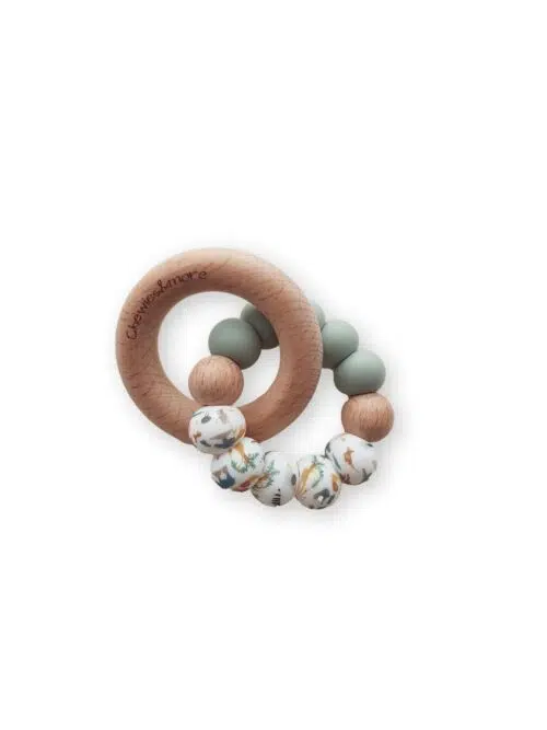 Chewies Wooden/Silicone Teething Rings Zoo - Sage/Cream