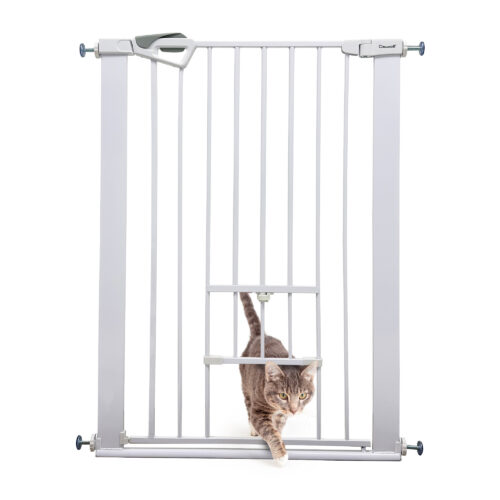 Callowesse Akita Extra Tall Baby & Pet Pressure Fit Door & Stair Safety Gate with Cat Flap | 75-82cm x H99cm - White