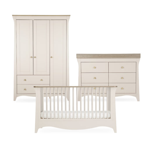CuddleCo Clara Luxe 3 Piece Nursery Furniture Set includes Cot Bed, Dresser & Wardrobe - Cashmere & Ash