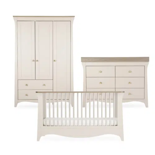 CuddleCo Clara Luxe 3 Piece Nursery Furniture Set includes Cot Bed, Dresser & Wardrobe - Cashmere & Ash