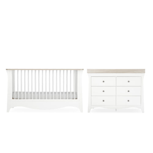 CuddleCo Clara Luxe 2 Piece Room Set included Cot Bed and Dresser - White & Ash