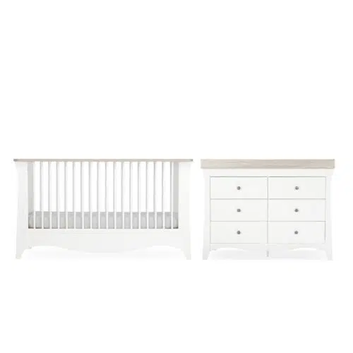 CuddleCo Clara Luxe 2 Piece Room Set included Cot Bed and Dresser - White & Ash