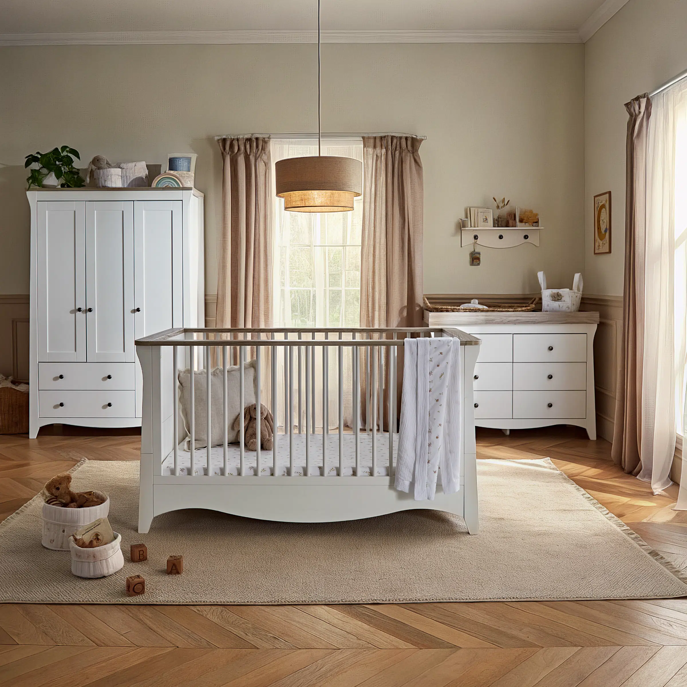 CuddleCo Clara Luxe 3 Piece Nursery Furniture Set includes Cot Bed, Dresser & Wardrobe - White & Ash - Image 2