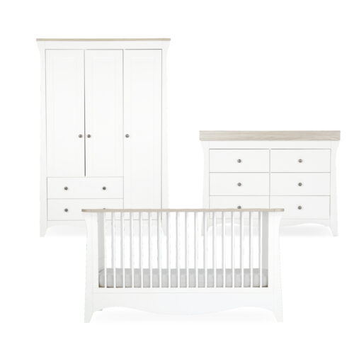 CuddleCo Clara Luxe 3 Piece Nursery Furniture Set includes Cot Bed, Dresser & Wardrobe - White & Ash