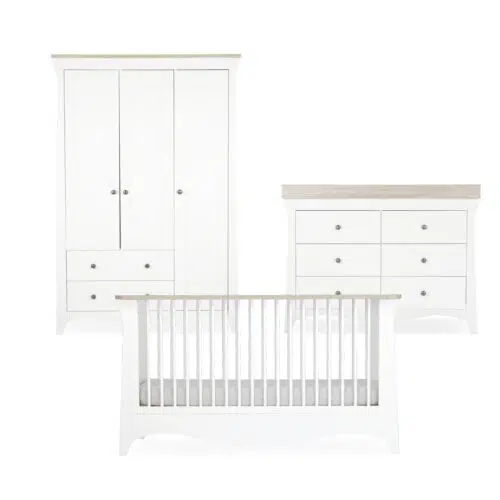 CuddleCo Clara Luxe 3 Piece Nursery Furniture Set includes Cot Bed, Dresser & Wardrobe - White & Ash