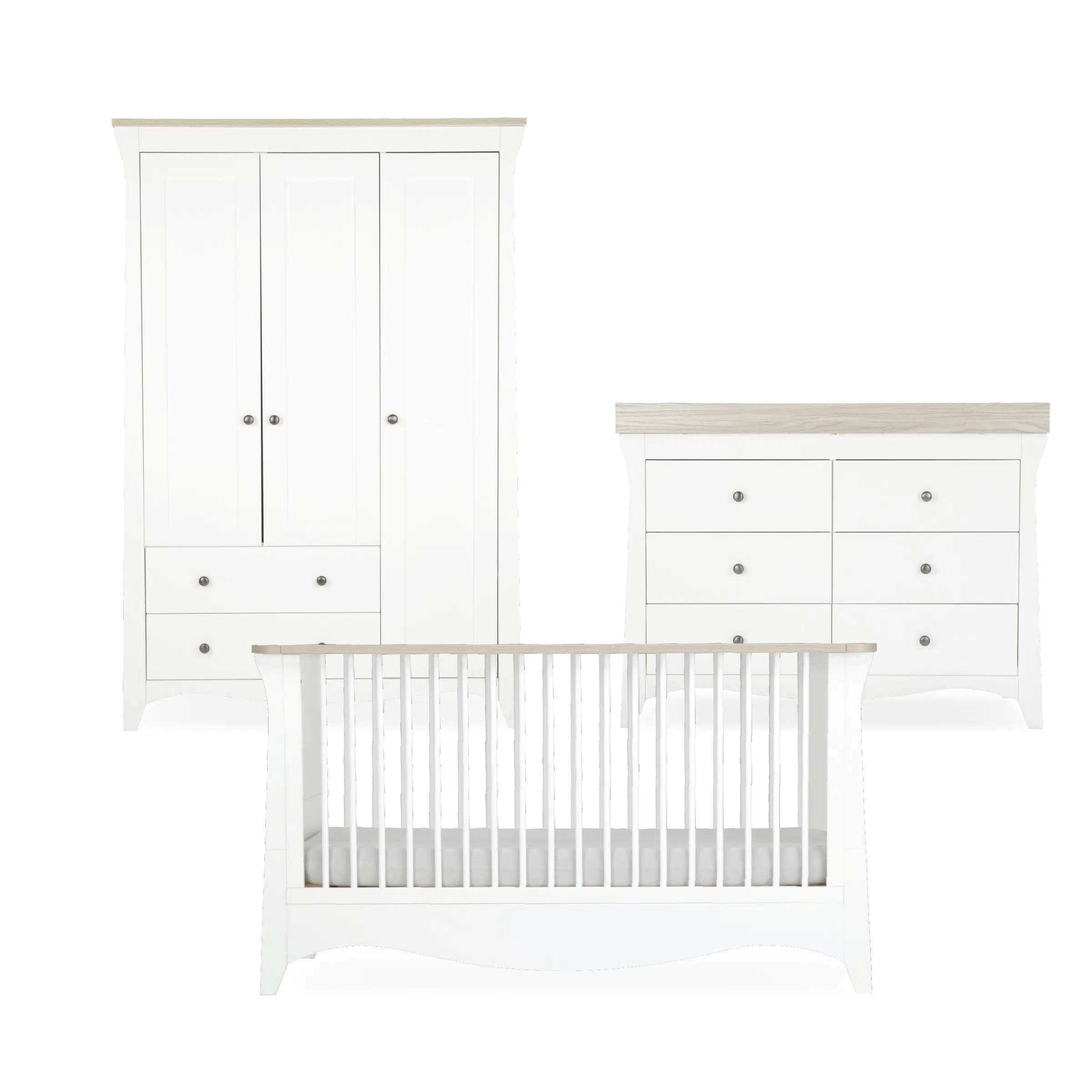 CuddleCo Clara Luxe 3 Piece Nursery Furniture Set includes Cot Bed, Dresser & Wardrobe - White & Ash